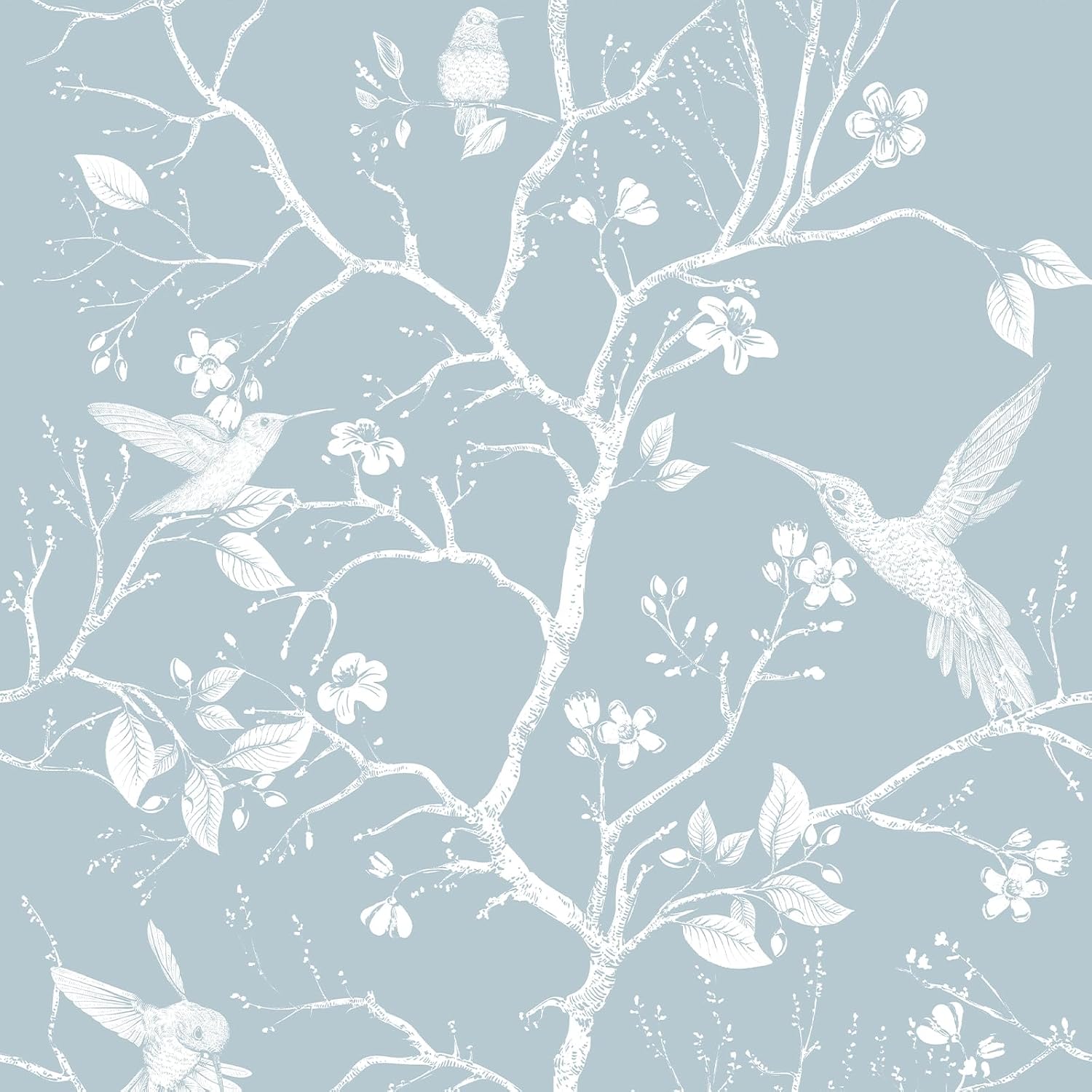 VEELIKE Vintage Blue Cherry Blossom Bird Wallpaper Peel and Stick Chinoiserie Wallpaper for Bedroom Nursery 17.7''x354'' Removable Self Adhesive Blue Floral Wall Paper for Bathroom Living Room Decor