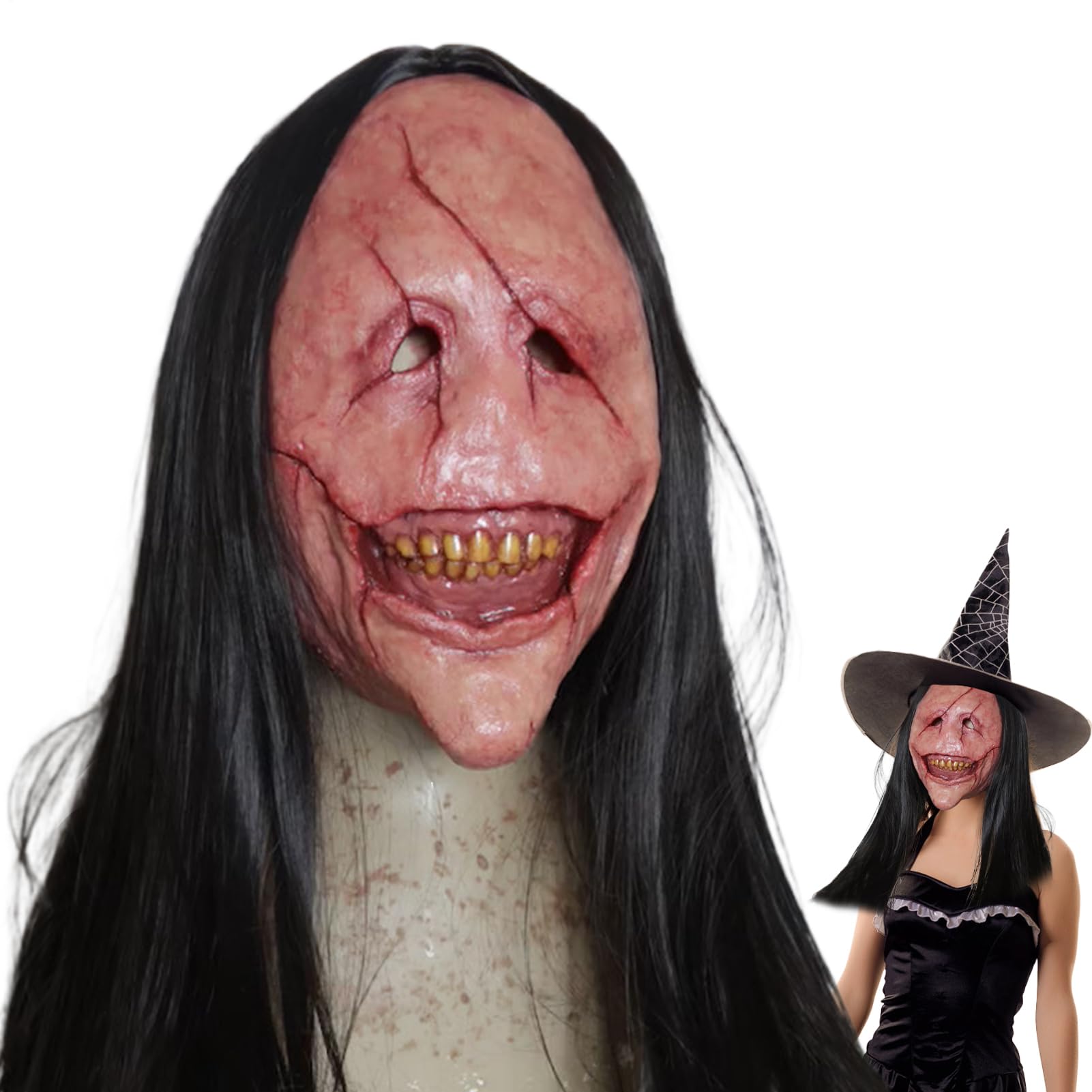 Horror Demon Masque - Creepy Ghost Headgear,Realistic Creepy Halloween Face Cover with Long Hair and Teeth for Party Role Play Cosplay Haunted Houses Horror Movie