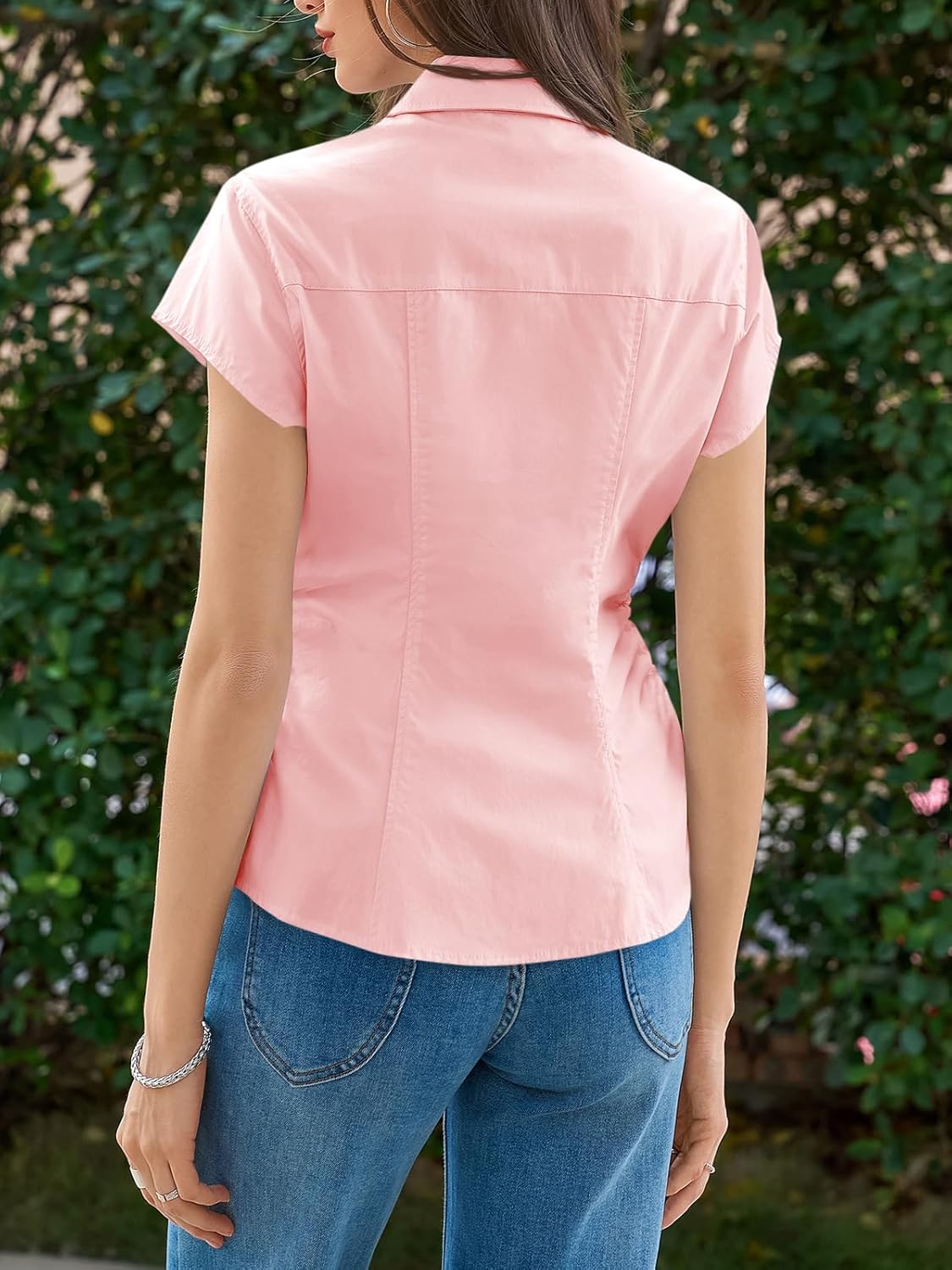 Cicy Bell Womens Summer Button Down Shirts Short Sleeve Slim Fit Ruched Cotton Blouses Cute Going Out Tops - Image 5