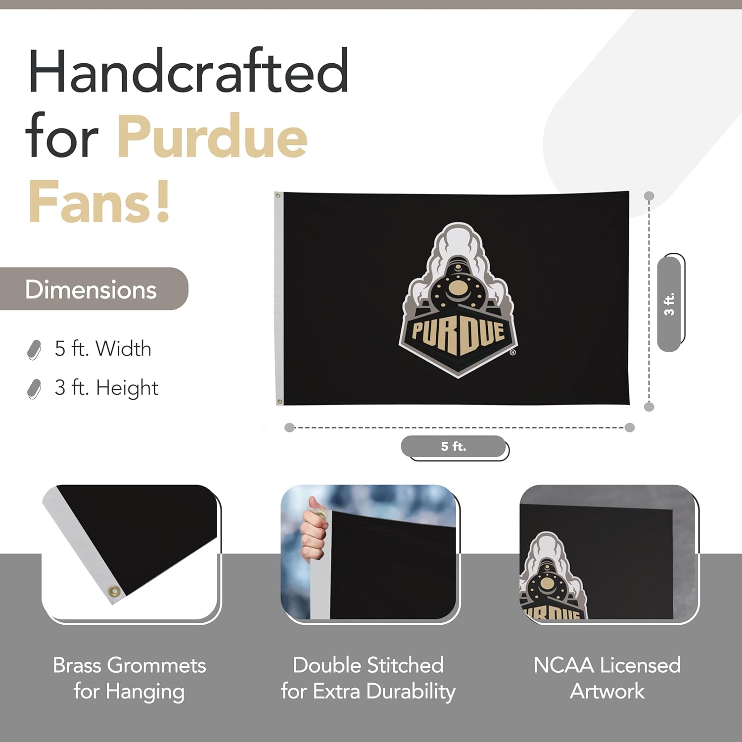 Purdue Boilermakers College Sports Printed Flag - NCAA Licensed - Nylon - School Banner (Black, Gold, White) (3' x 5') - Image 2