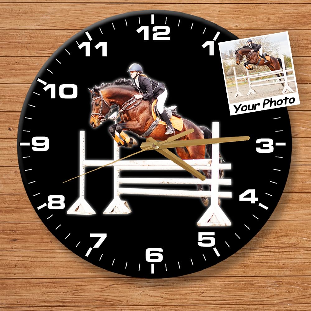 Kool-Kool Personalized Photo Jump Horse Racing Horse Riding Wall Clock for Horse Lovers, 12 Inch MFD Acrylic Clock, Equestrian Decor, Horse Riding Decor, Barrel Racing, Harness Racing (Wall Clock1)