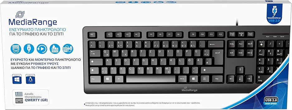 MediaRange Wired Keyboard with 105 Keys, QWERTY GR Layout, PC Keyboard with Plug & Play USB 2.0 Connection, Splash-proof & Height-Adjustable, Black