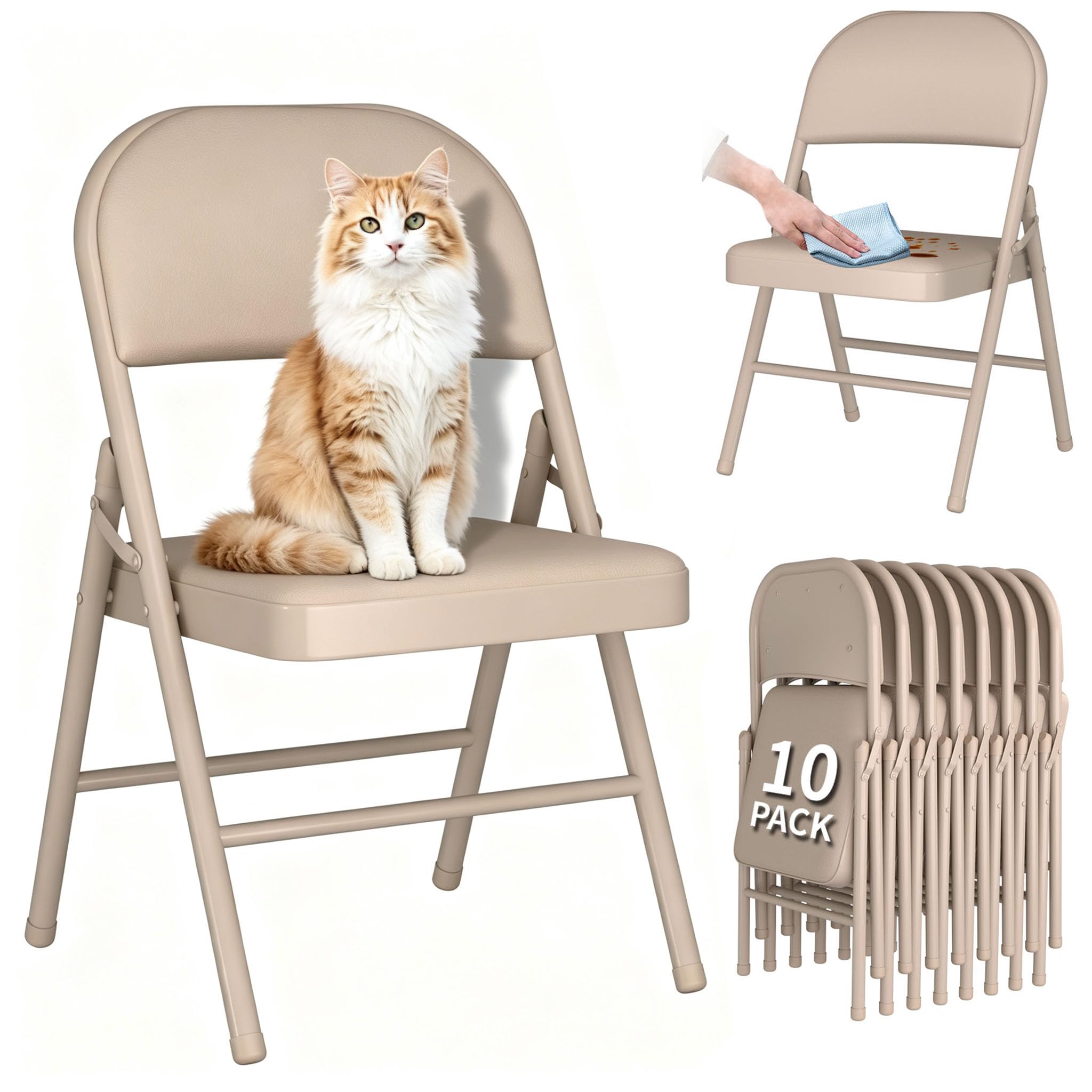 Folding Chairs Set of 10 Foldable Desk Chairs Faux Leather Padded Cushioned Seat Metal Frame Max 145KG Guest Seating Temporary Event Hall Seating Easy Store Kitchen Office Dining Chair Indoor, Beige
