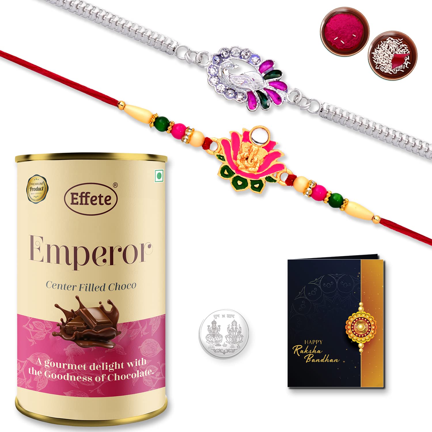 DeoDap Multicolor Peacock Silver & Ganpati in Lotus Colorful Rakhis / Bracelet & Effete Chocolate Emperor (CRM), with Silver Color Pooja Coin, Roli Chawal & Greeting Card, Occasion, Rakhi Combo with card and chocolate, chocolates gift pack, Rakhi & Chocolate for brother, rakhi with gift, Set of 2 Rakhi, (K2_542+A66_CRM)-image-28