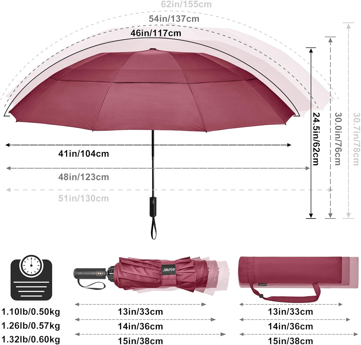 G4Free 42/46/54/62 Inch Large Golf Umbrella Compact Reverse Travel Umbrella 10 Ribs Windproof for Rain Double Canopy Automatic Open Close - Image 2