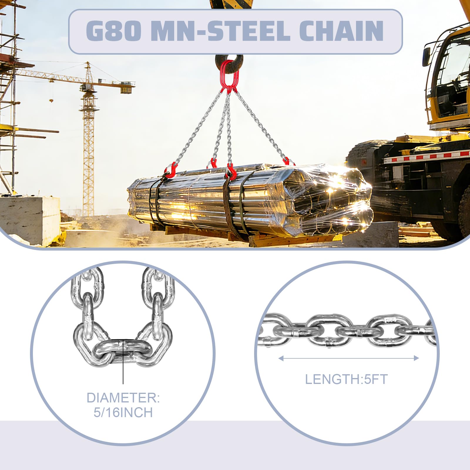 Catena a catena da 1,5 cm x 1,5 m, con ganci di sicurezza a doppia gamba, capacità di 3 tonnellate, in lega di acciaio G80, catena di sollevamento del motore per sicurezza del carico e