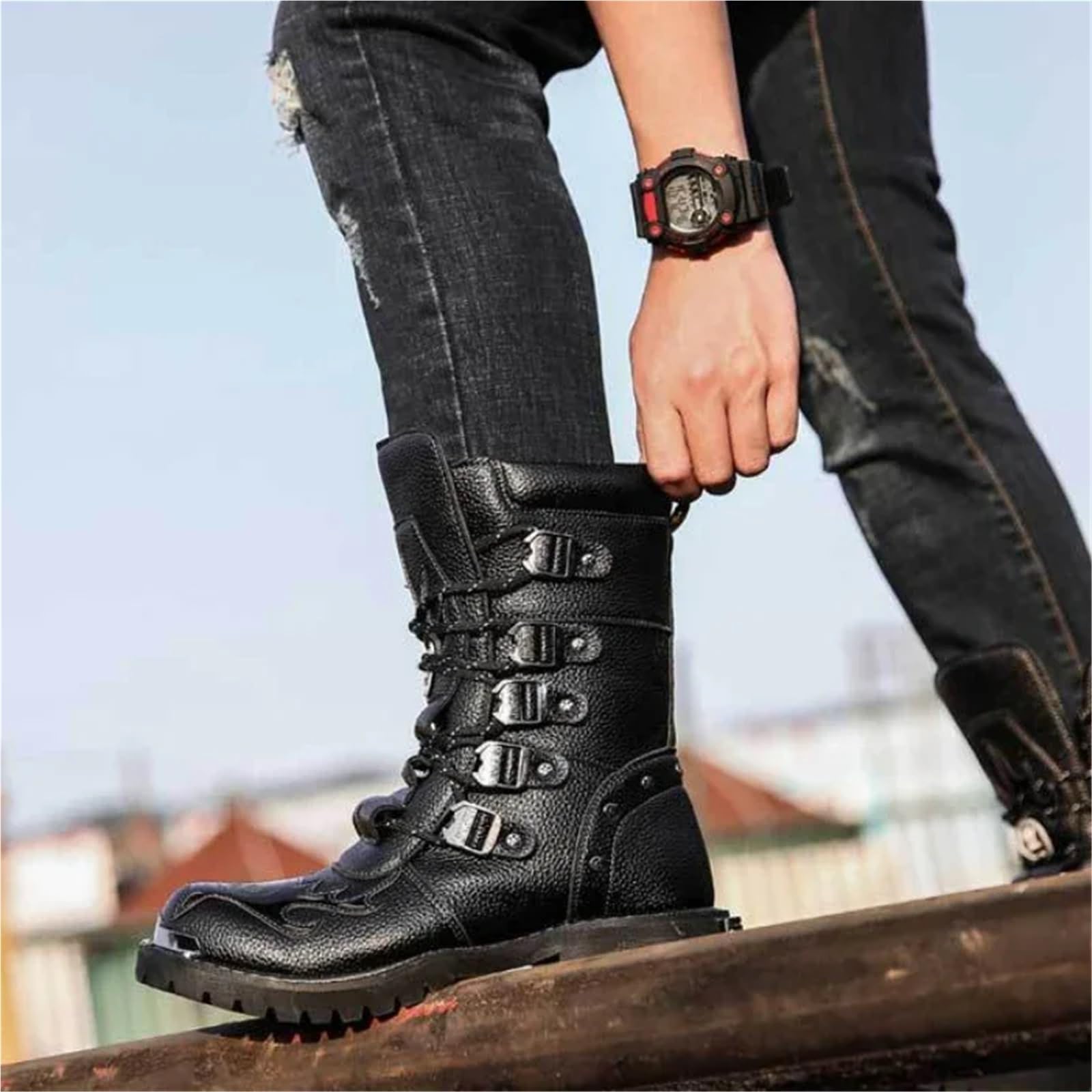 Bottes d'extérieur quatre saisons, chaussures de cyclisme montantes for hommes, bottes décontractées en cuir Pour le travail, le ski et l'extérieur