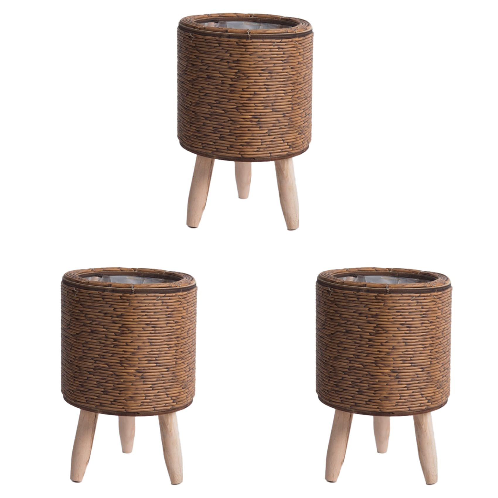 Vjsujehgy 3X Vintage Imitation Rattan Woven Flower Shelf Handmade Storage Basket with Wooden Legs Plant Pot Stand,F