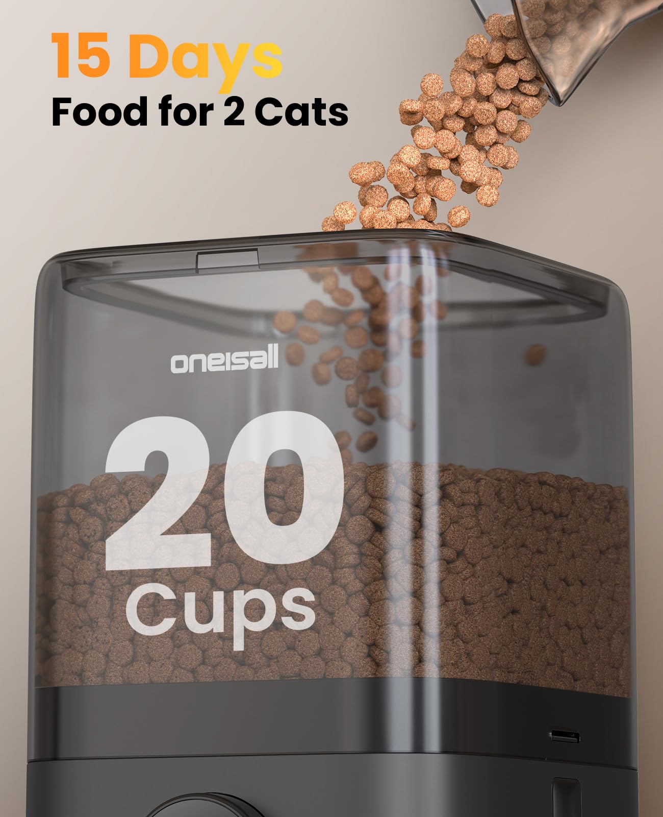 oneisall Wireless WiFi Automatic Cat Feeders 2 Cat, Rechargeable 100-Day Battery Operated Timed Cats Feeder, 20 Cups/5L Cats Food Dispenser Automatic for Large Kibble, Smart App Control.