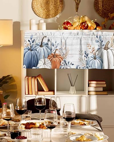 Miniatura 3 de Cenefas de cortina de otoño de calabaza azul, naranja y gris para ventanas de sala de estar, cenefas de cortina de Acción de Gracias para