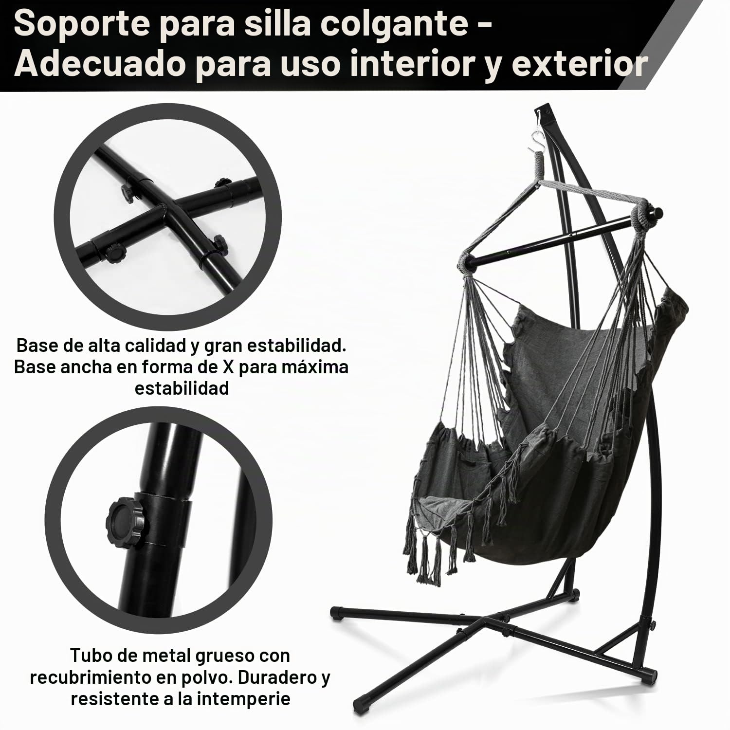 Sonnewelt Hamaca colgante de 150 kg, estructura metálica estable, soporte tubo acero 215 cm interior-exterior