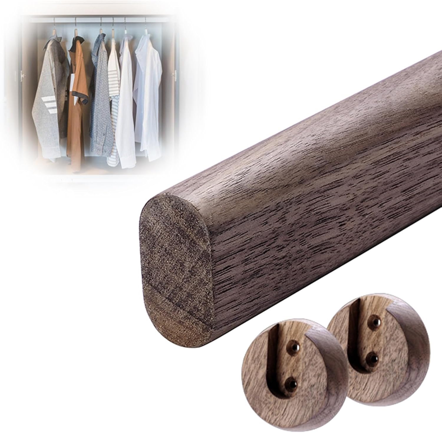 Wardrobe Rail Wooden Closet Rods for Hanging Clothes, 1 3/8" Thick Wardrobe Pole with 2 End Sockets, Oval Closet Bar Wall Mount No Burrs, Easy to Install(White,70Cm(27 1/2"))/Light Brown/40Cm