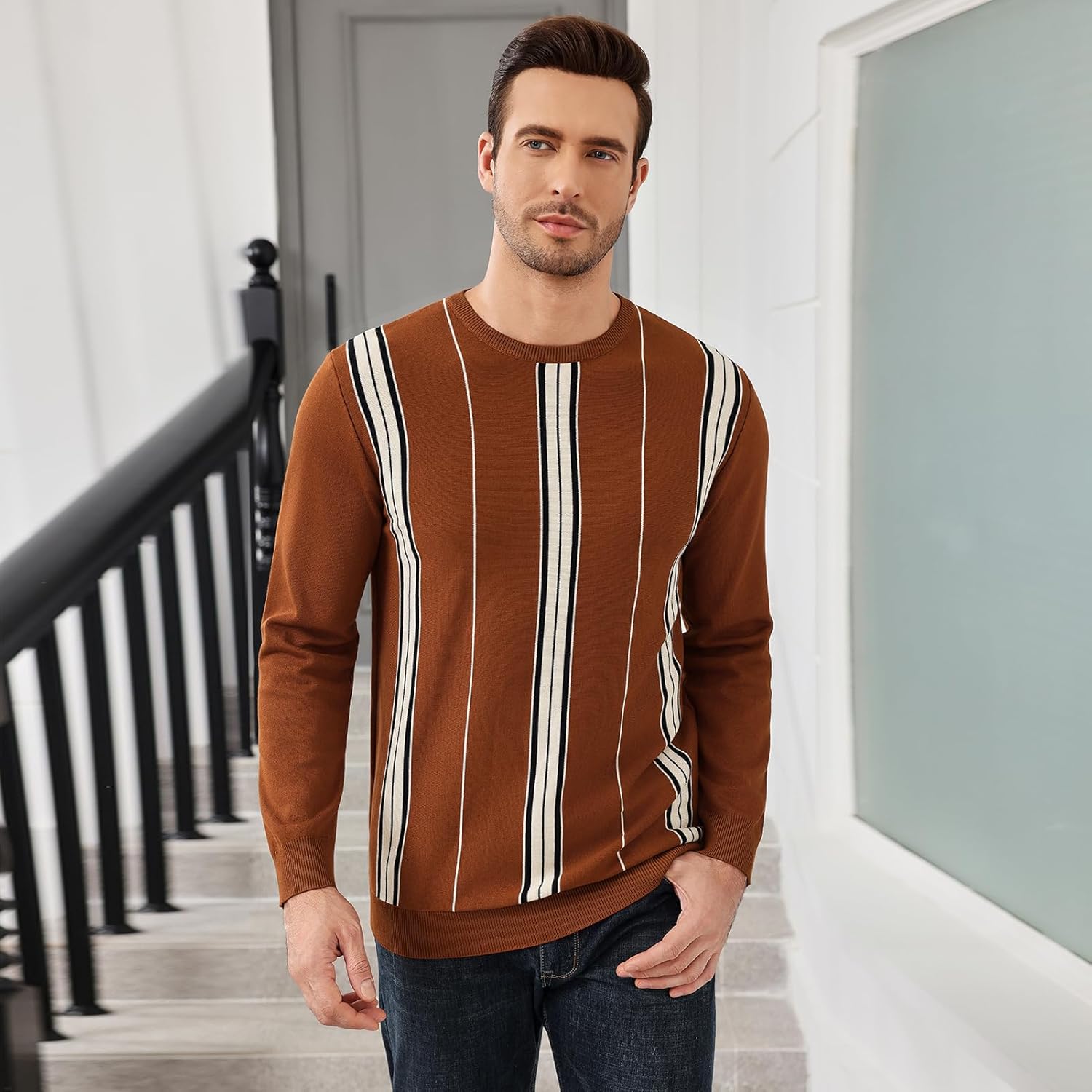 Uni Clau Men's Crew Neck Sweaters Long Sleeve Striped Knitted Pullover Casual Sweaters with Ribbing Edge - Image 4