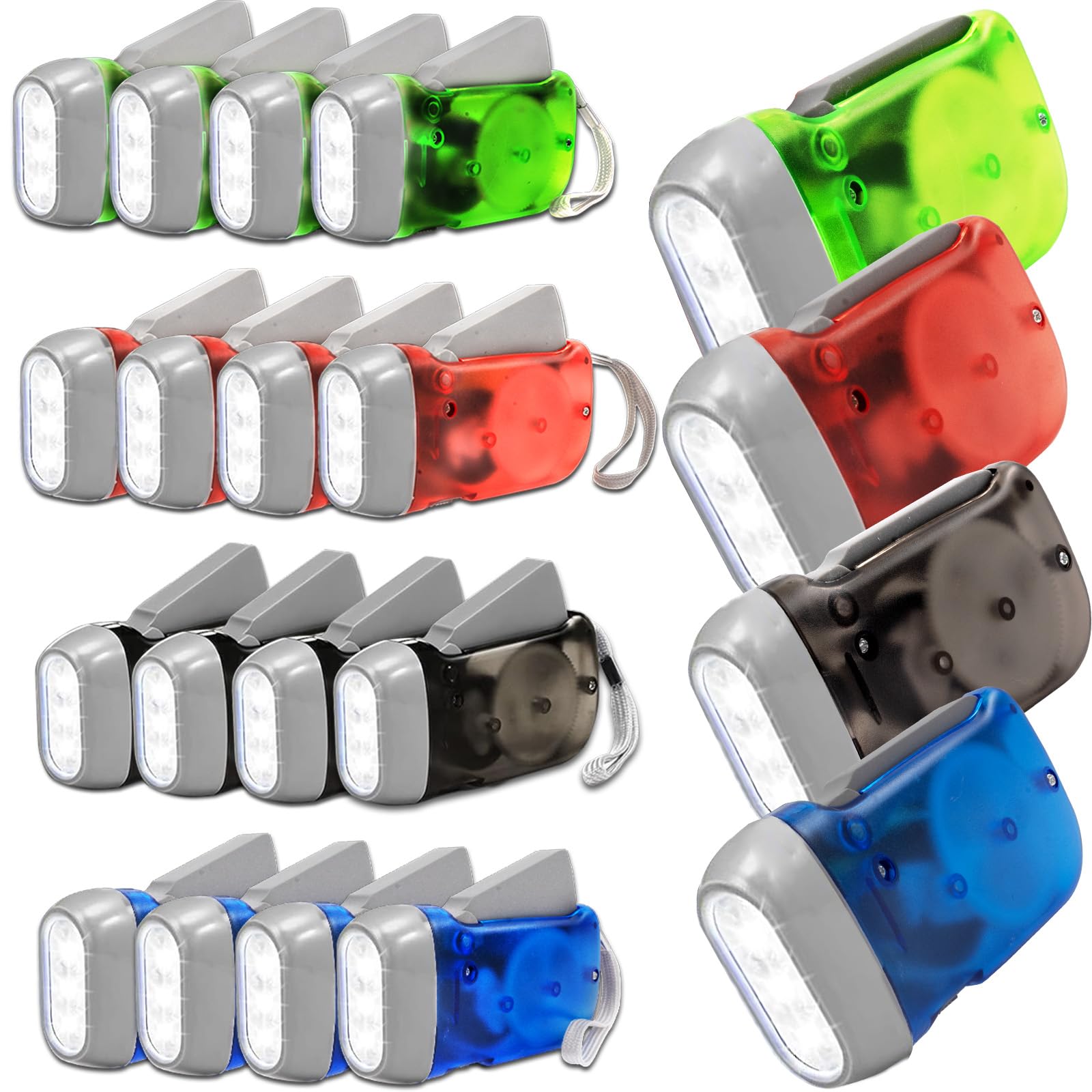 Lot de 24 Lampe Torche à Manivelle 3 LED, Lampes de Poche Portables à Énergie Manuelle pour Urgence, Camping, Randonnée, Extérieur, 4 Couleurs