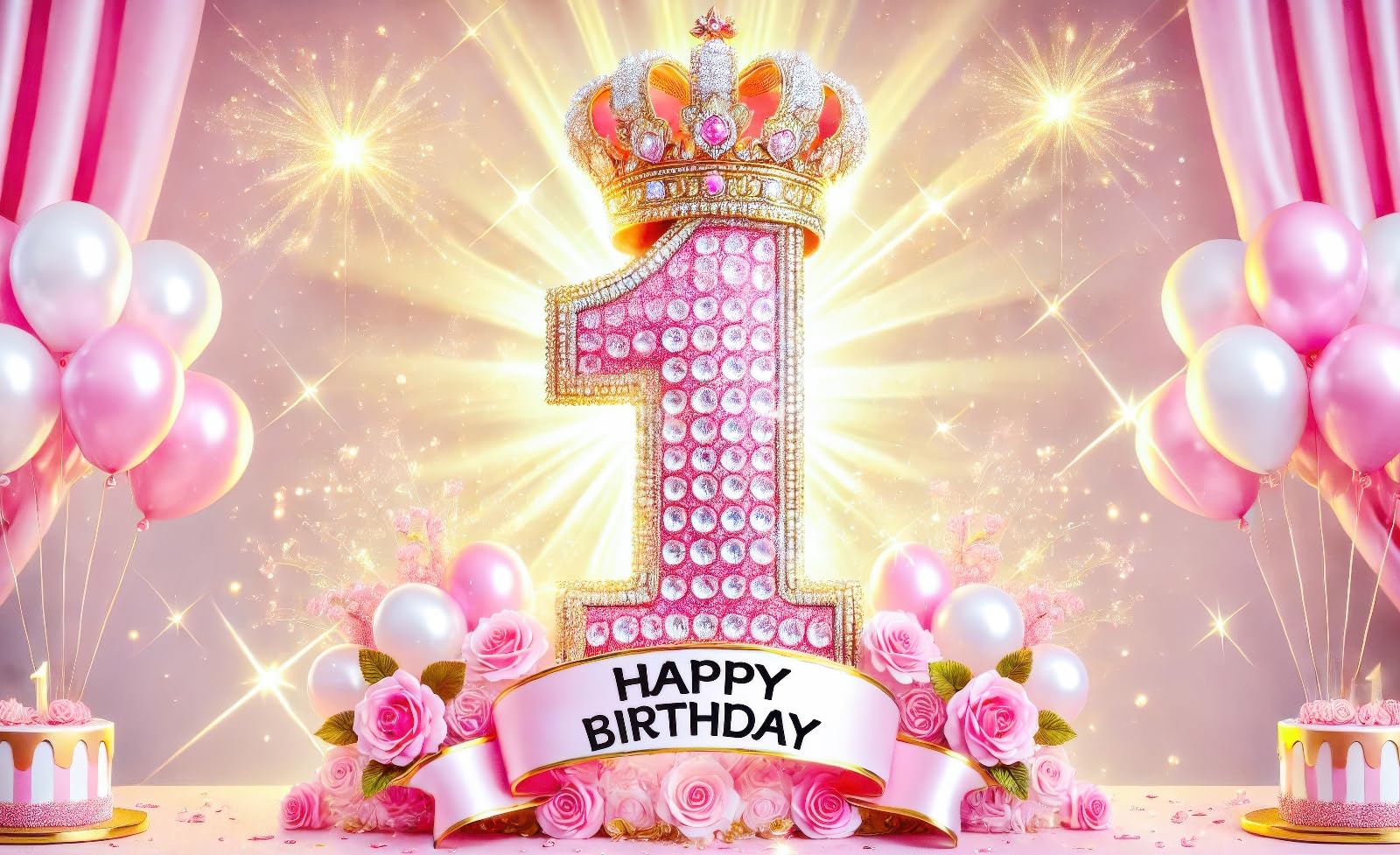 Happy 1st Birthday Banner Backdrop Decorations for Girls Diamond Happy Birthday Photography Background One Years Old Backdrop Pink One Birthday Poster