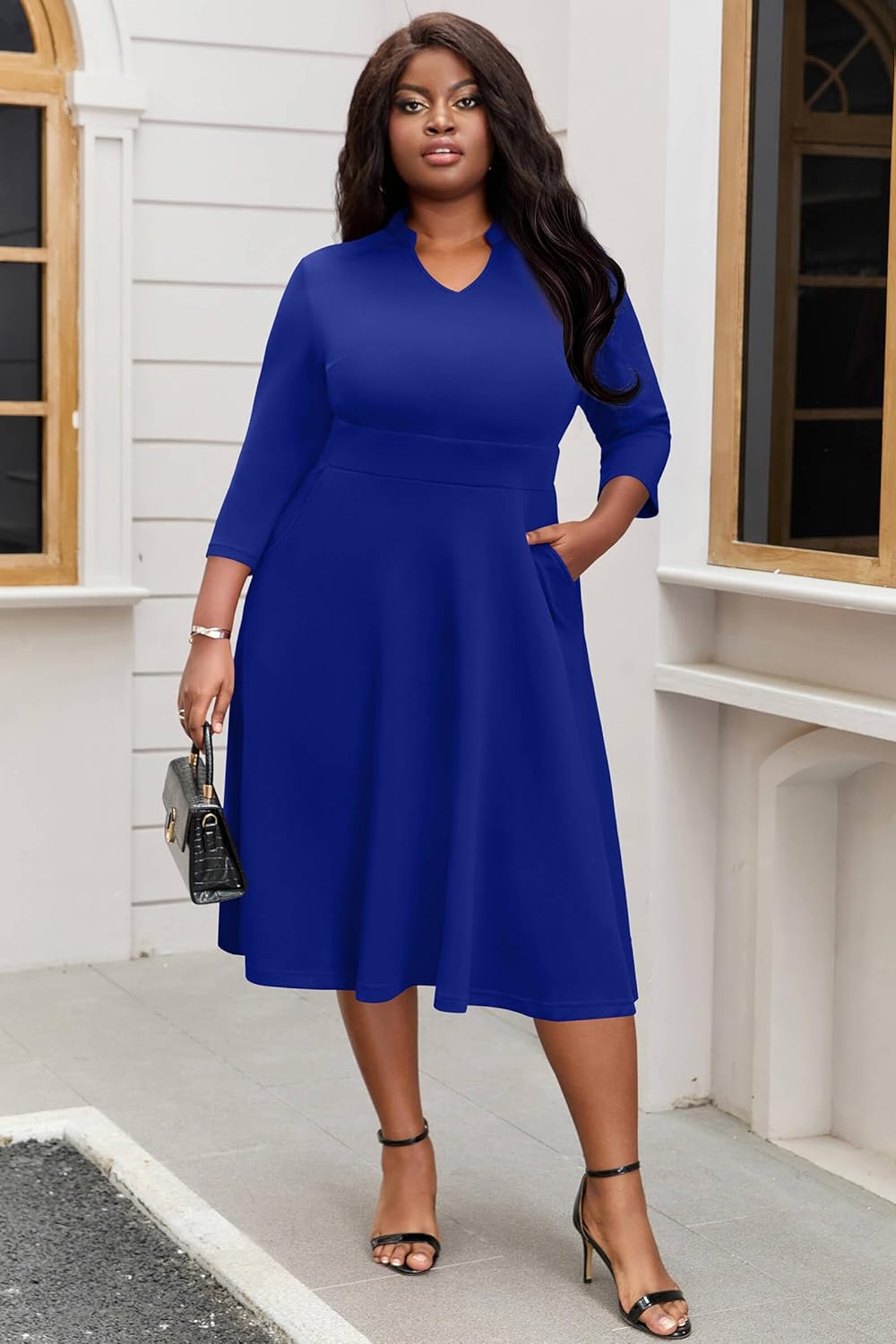 Nmoder Plus Size Dresses for Women - Casual 3/4 Sleeve V Neck Church Midi Dress Wedding Guest Cocktail with Pocket - Image 5