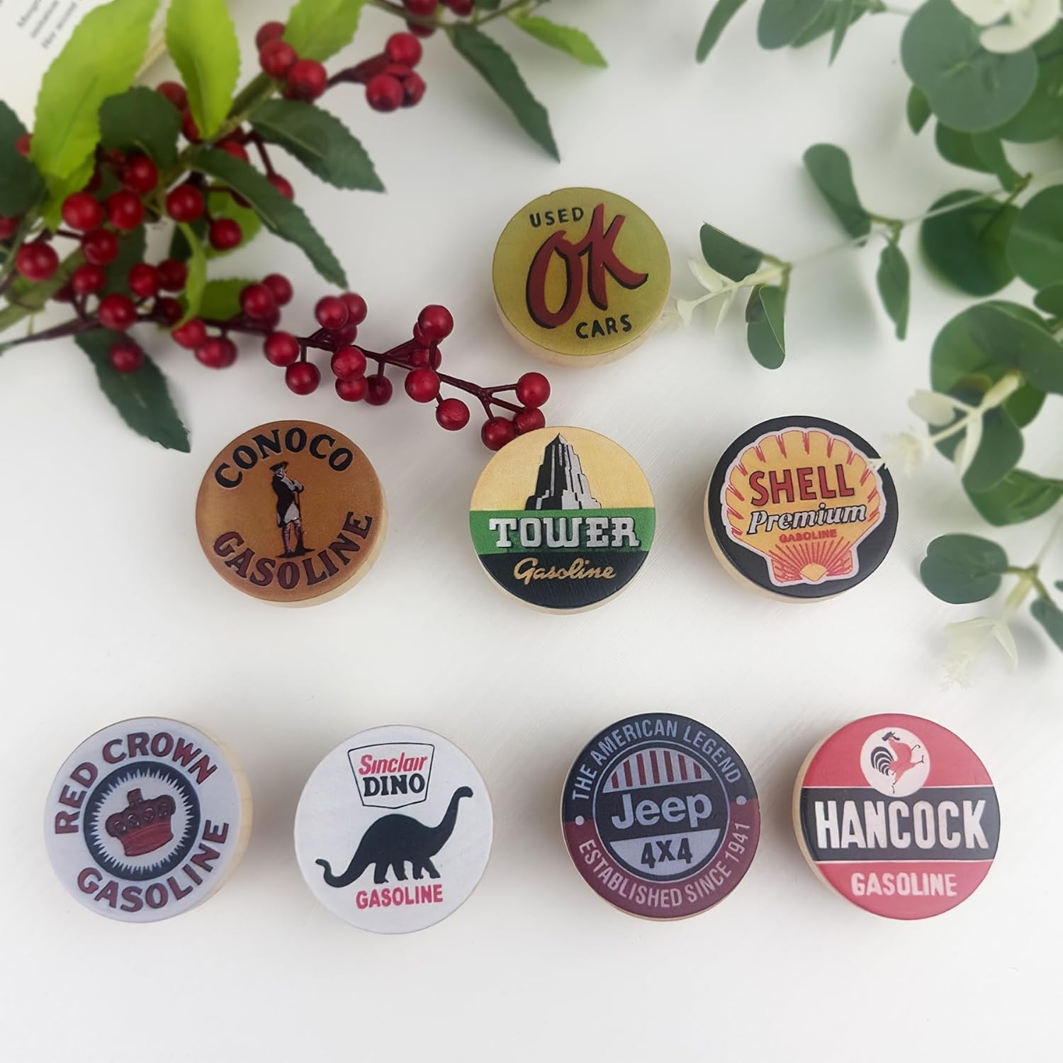 1.8" 8PCS Vintage Unique Gasoline and Automobile Cabinet Wood Knobs Wooden Door Farmhouse Kitchen Cabinet Dresser Drawer Pulls and Knobs