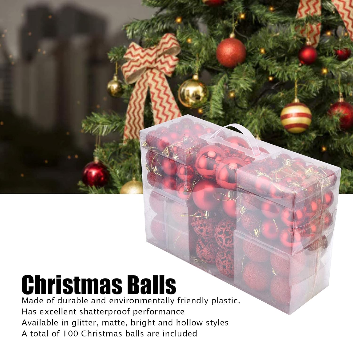 100pcs Shatterproof Hanging Balls for Christmas Tree Party Decoration, Made of Plastic with Glitter, Matte, Bright and Hollow Styles, Ideal for Colorful Display (Red)