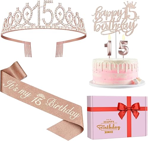 Decoraciones de cumpleaños de 15años para niñas banda, coronatiara, velas y adorno para pastel de cumpleaños de 15años regalos y decoraciones de