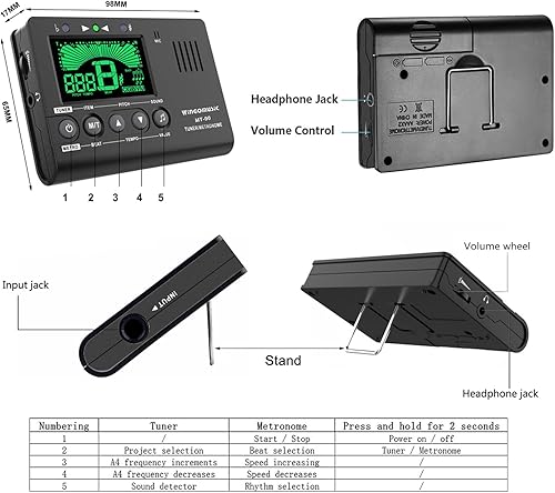 Miniatura 5 de WINGO Metrónomo digital, sintonizador y generador de tonos, dispositivo 3 en 1 (negro) para cromático, guitarra, bajo, ukelele, violín-batería