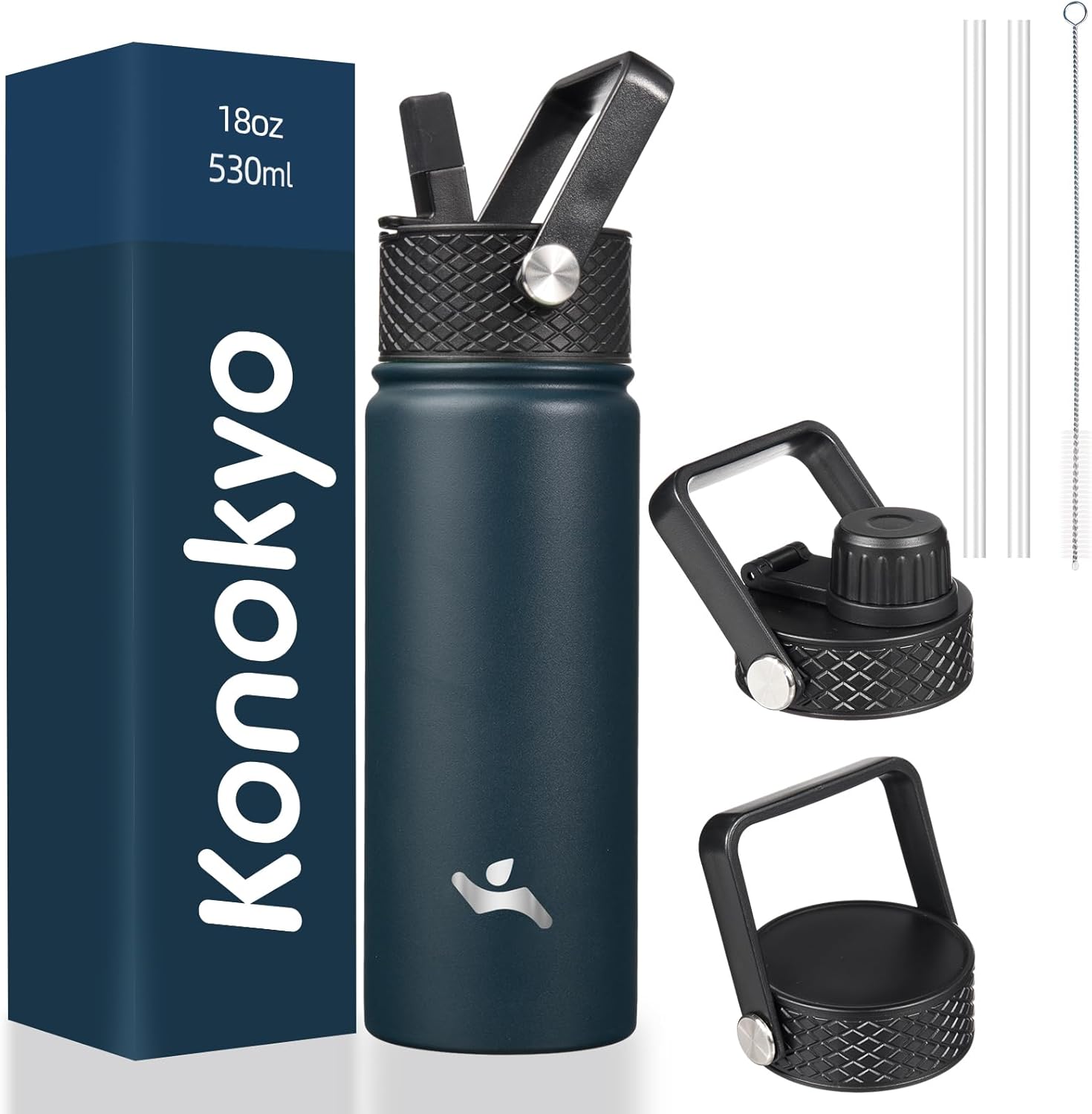 Konokyo 18 oz Insulated Water Bottle Stainless Steel Sport Bottles with 3 Lids,Navy Blue