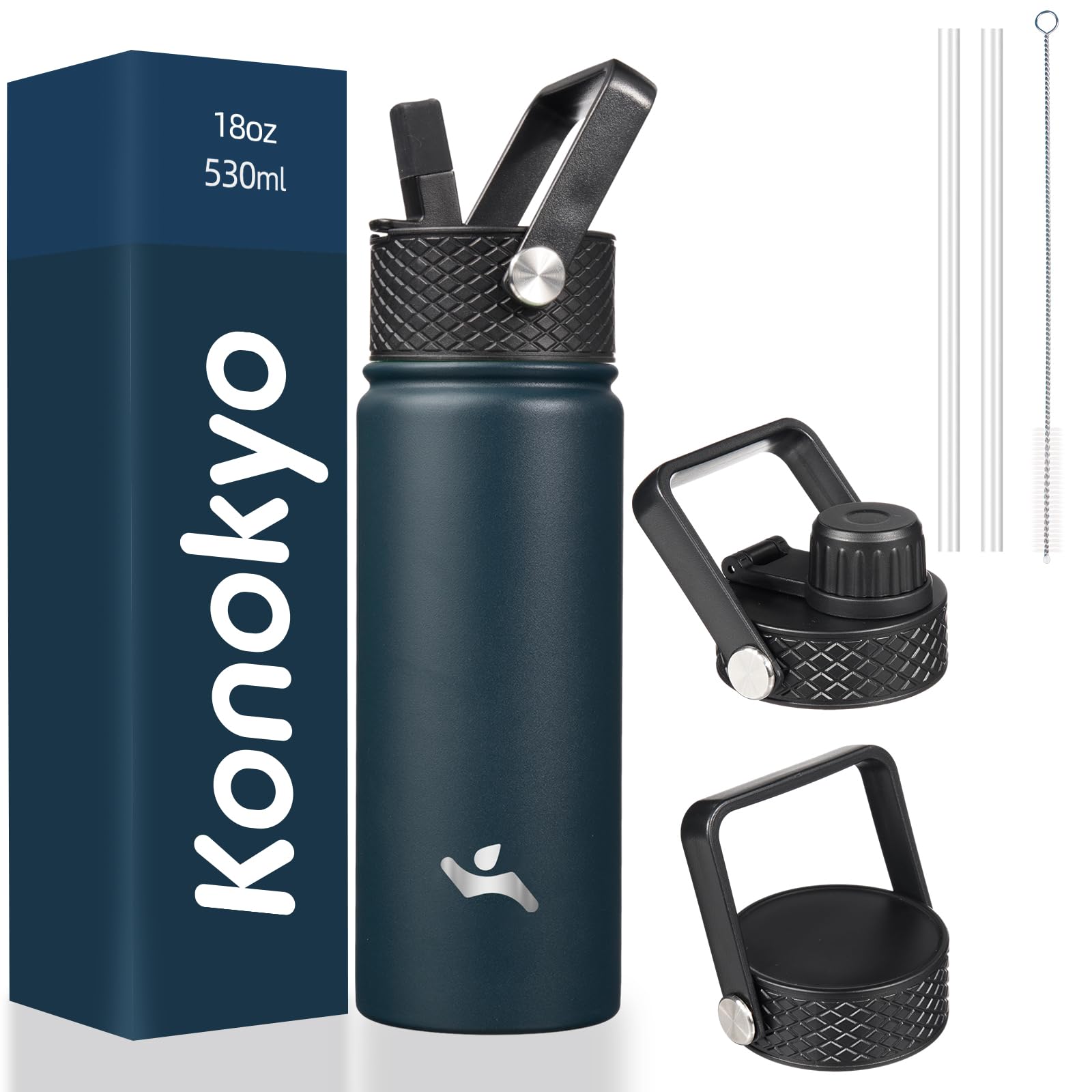 Konokyo 18 oz Insulated Water Bottle Stainless Steel Sport Bottles with 3 Lids,Navy Blue