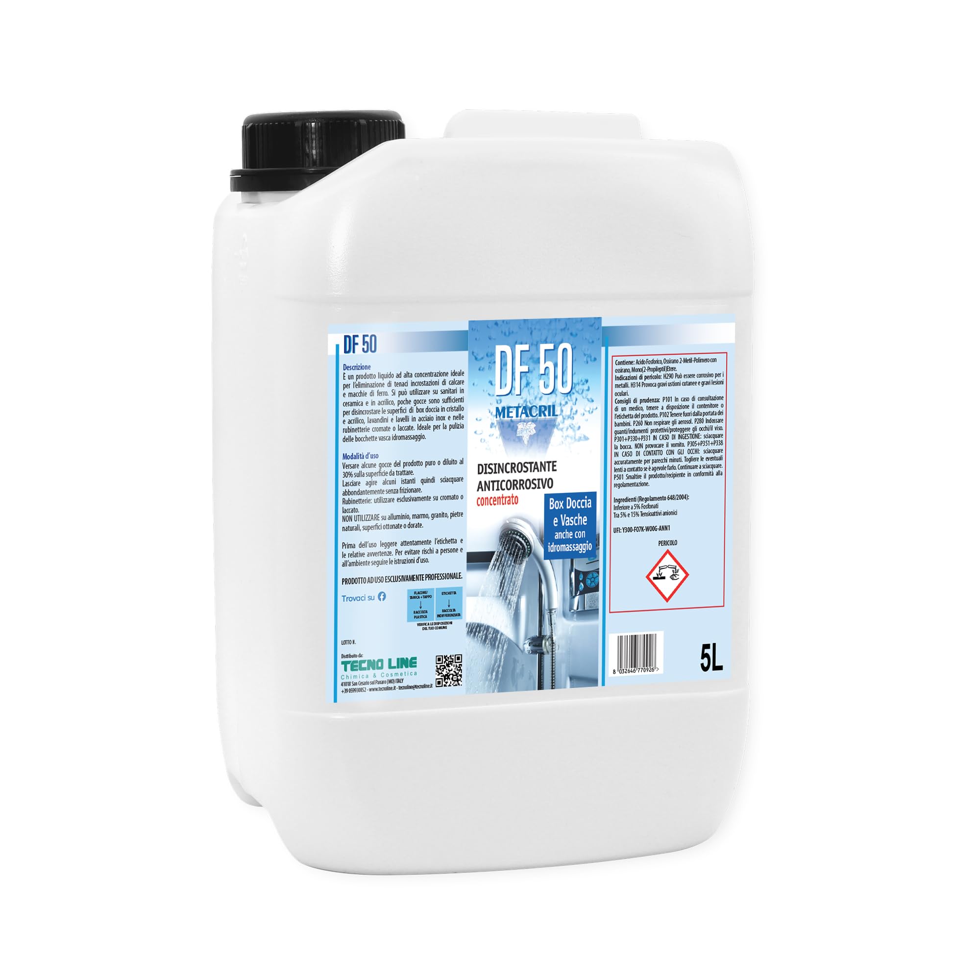 Metacril DF 50, Desincrustante Antical Concentrado con Acción Anticorrosiva para Mamparas de Ducha, Cristales, Grifería, Bañeras Hidromasaje y Sanitarios – 5 L + Pulverizador
