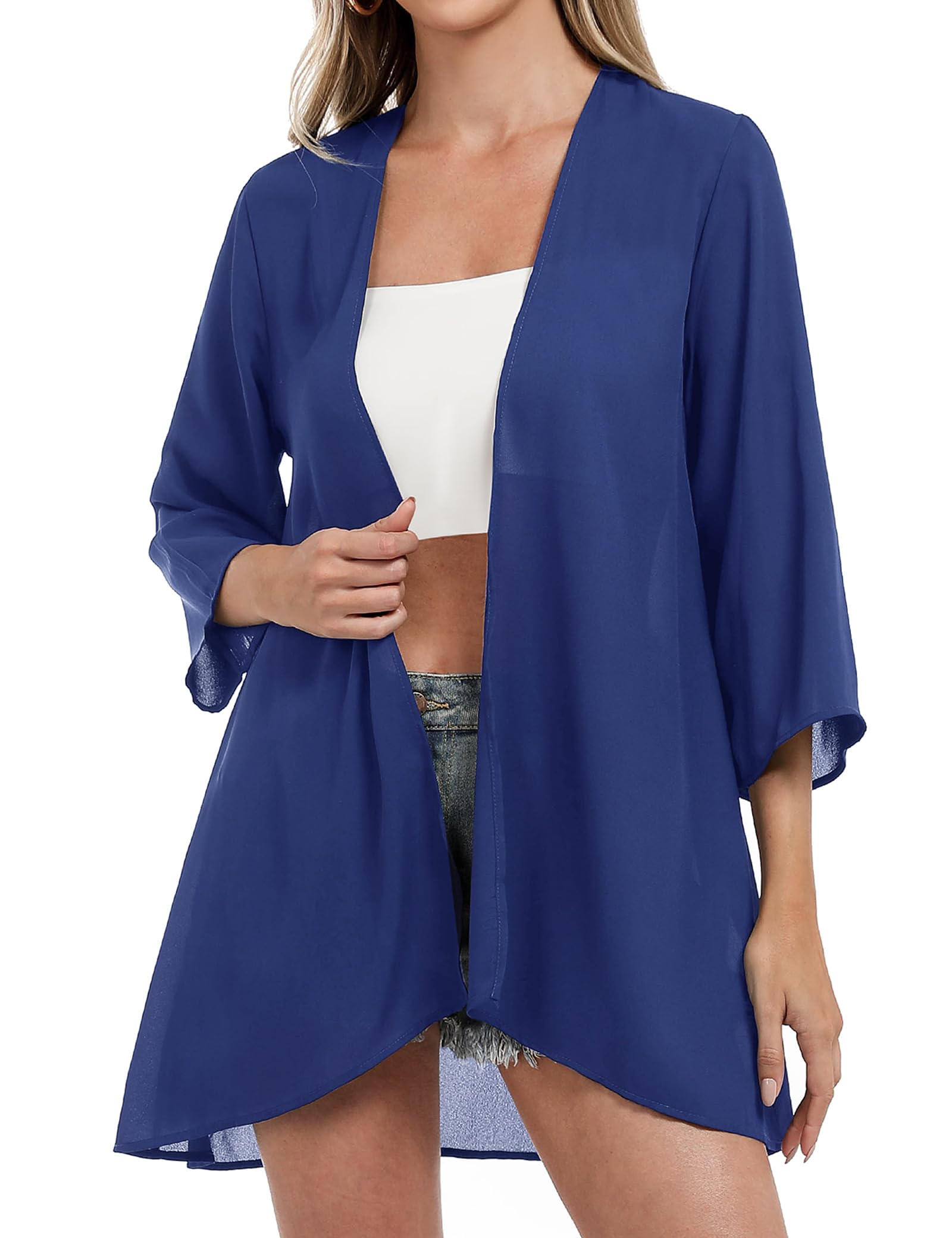 Aottori Kimono Mujer Verano Pareos Playa Manga 3/4 Gasa Chaqueta Cardigan Elegante Ligero Corta Traje de Baño Bikini Cover Up Camisas