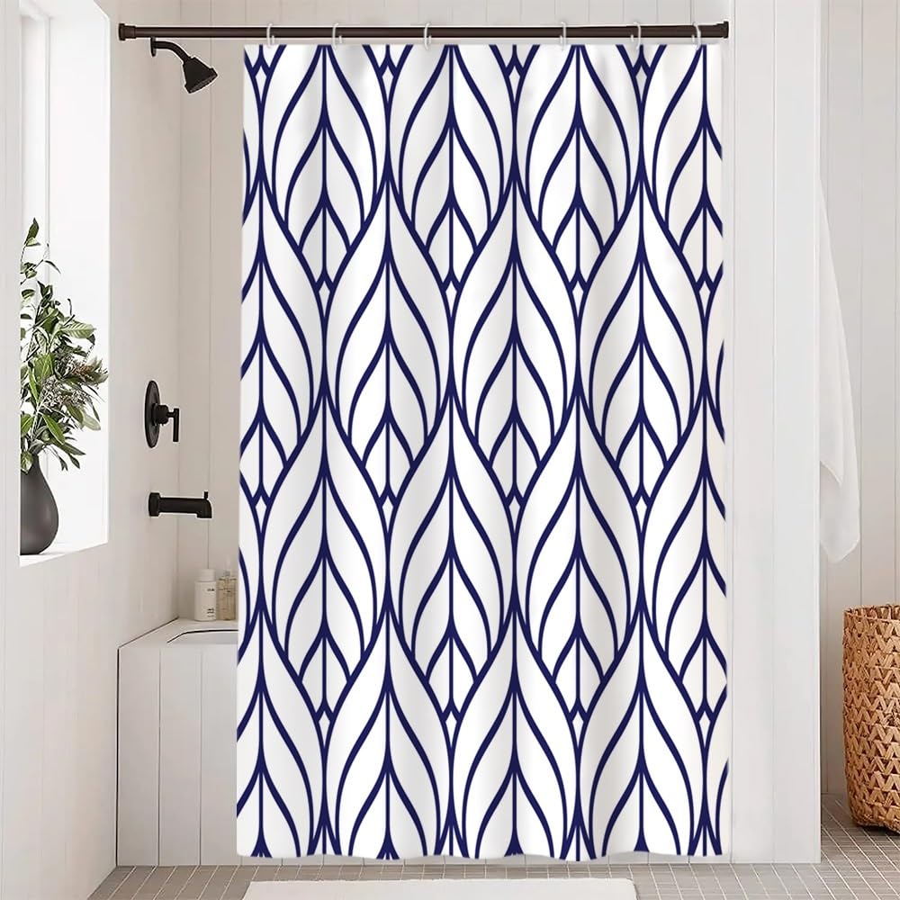 Ruelvth Blue and White Shower Curtain, Modern Aesthetic Navy Blue Striped Shower Curtain Set for Bathroom Waterproof Polyester Shower Curtain with