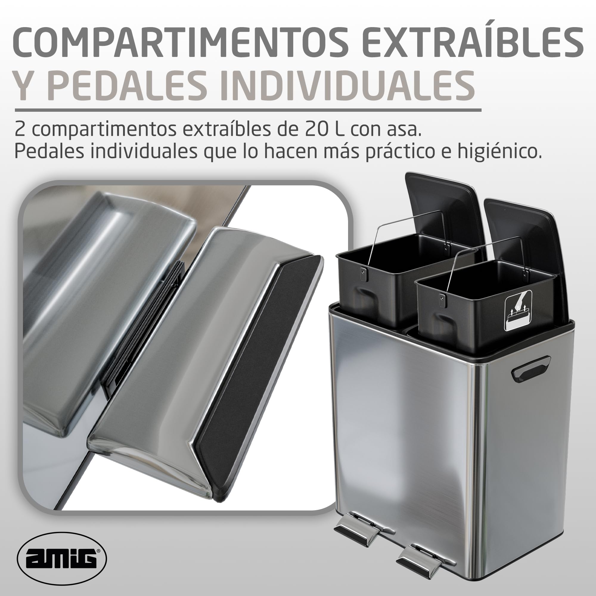 Amig - Cubo de Reciclaje Doble con Pedales Mod. RECIK EVO 40 L - 2 Compartimentos x 20 L - Acero inoxidable - 45 x 30 x 52 cm - Plateado