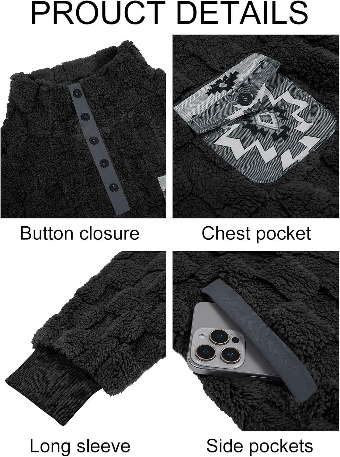 Yousify Mens Fuzzy Sherpa Sweatshirt Flannel Fleece Pullover Jacket Casual Quarter Button Aztec Coat Western Sweaters - Image 6