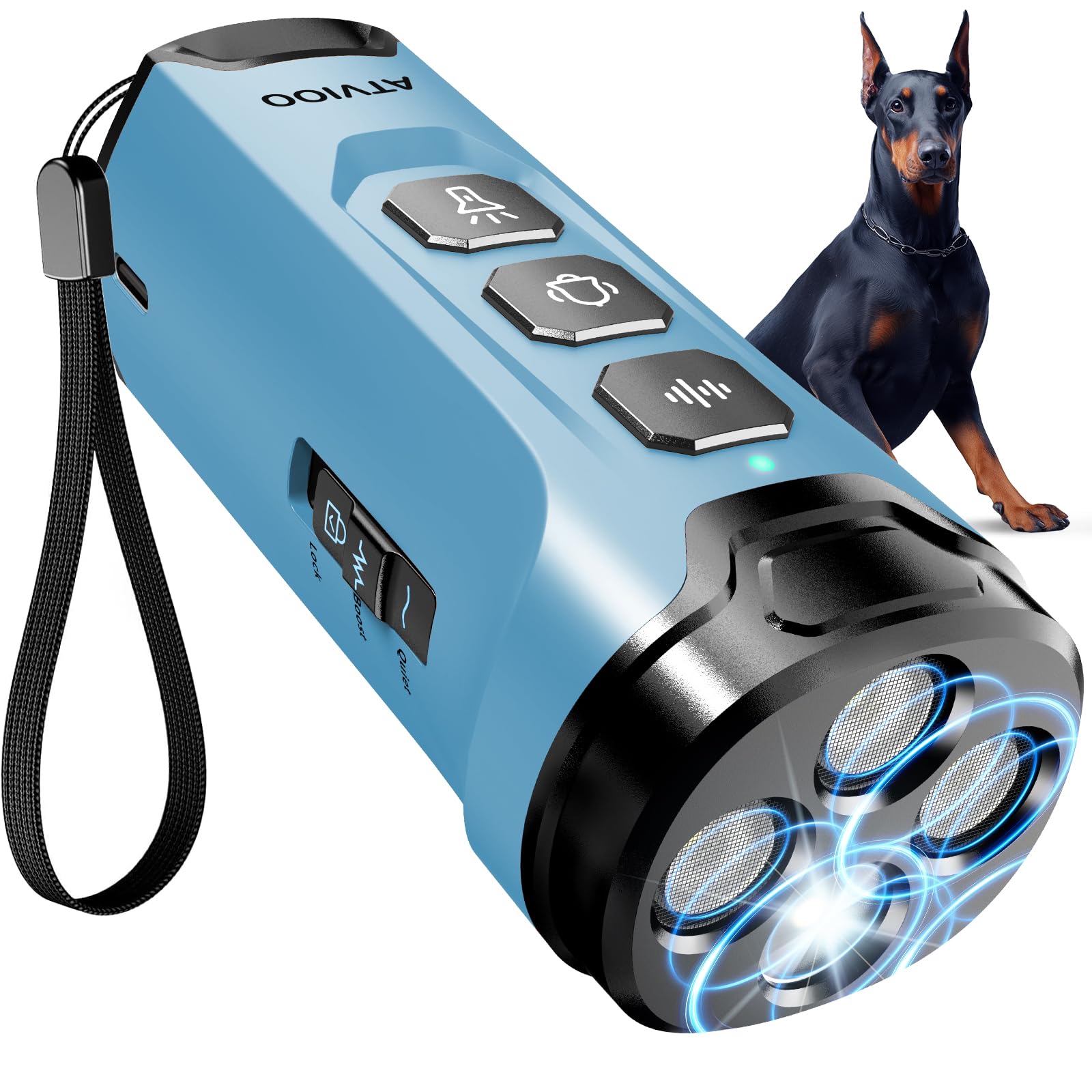 Dispositif dissuasif contre les aboiements de chien à 3 émetteurs ultrasons bleu clair