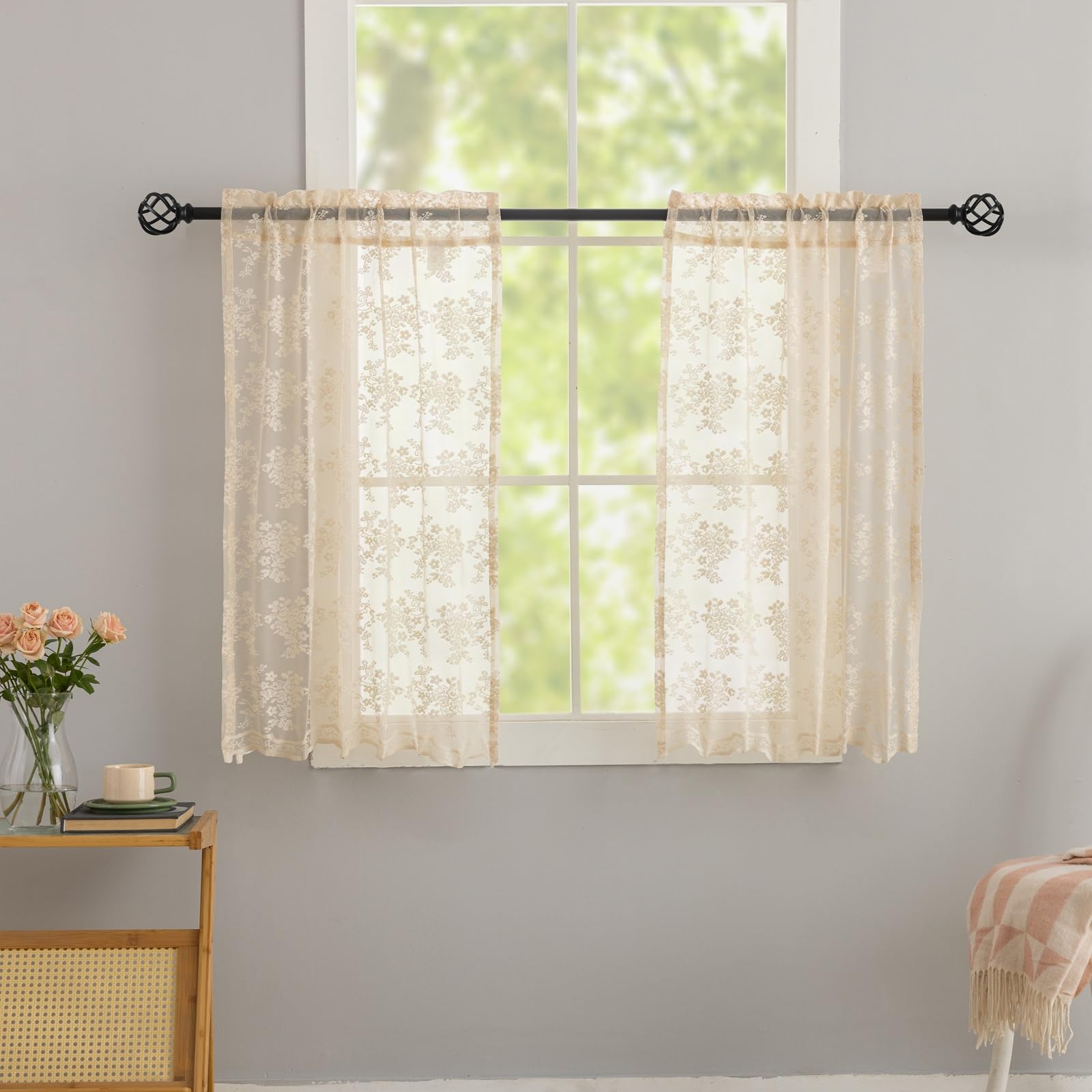 Beige Lace Cafe Curtains 30 inch Length Short Vintage Kitchen Curtains 2 Panles ,Light Filtering Sheer Tiers, Rod Pocket, Small Window Drapes for Bathroom Laundry Room Kitchen Each 26x30 Inch — image 1