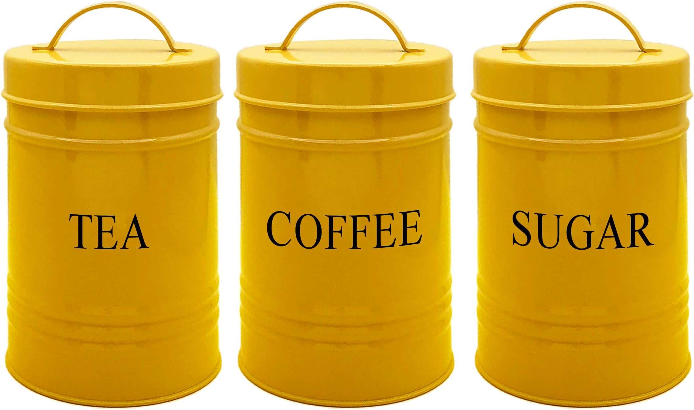 Nobel Set of 3 Kitchen Storage Tea Coffee Sugar Canisters,Storage, Powder Coated Ideal for Coffee Granules, Tea Leaves & Bags & Sugar Cubes (Yellow)