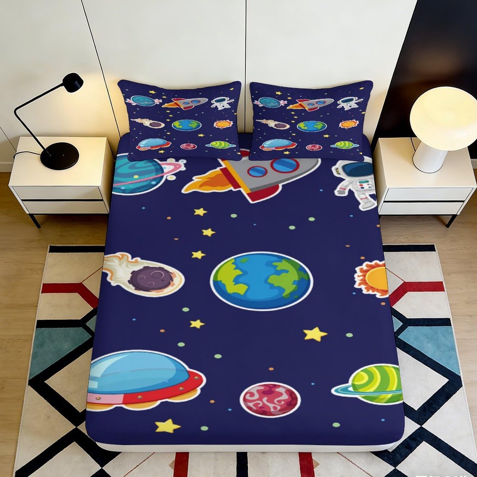 3D Printed Space Rocket Fitted Sheet Microfiber Soft Breathable Planet Mattress Cover Bedroom Dorm Decor 90x200x25cm