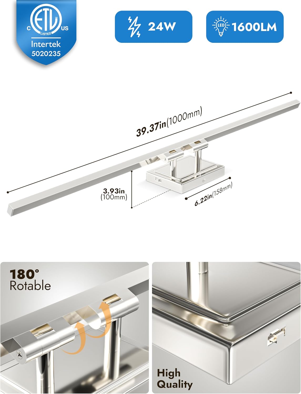 NIORSUN 39.4 Inch Modern Bathroom Light Fixture, 24W 5CCT Dimmable LED Chrome Bathroom Vanity Lights Over Mirror, Vanity Lights for Bathrooms Restroom Mirror- ETL Certified