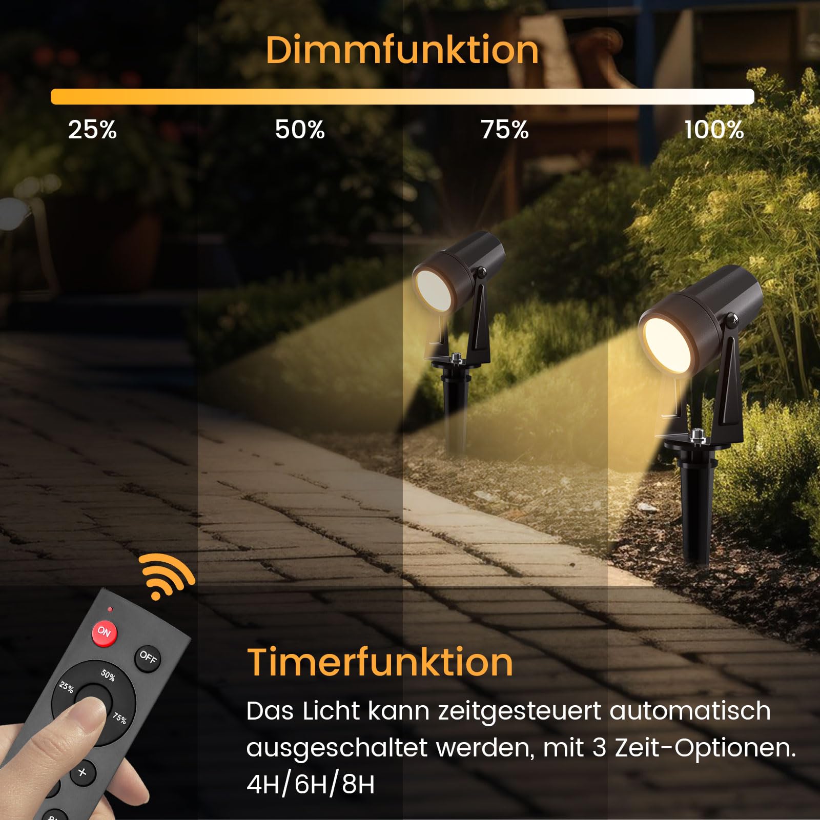 LED Gartenbeleuchtung mit Strom mit Remote,32M/105FT 10er-1 Set,2500LM 2Wx10 Gartenstrahler 27V COB IP65 Wasserdichter Strahler Warmweiß mit Erdspieß für Außen Garten Yard