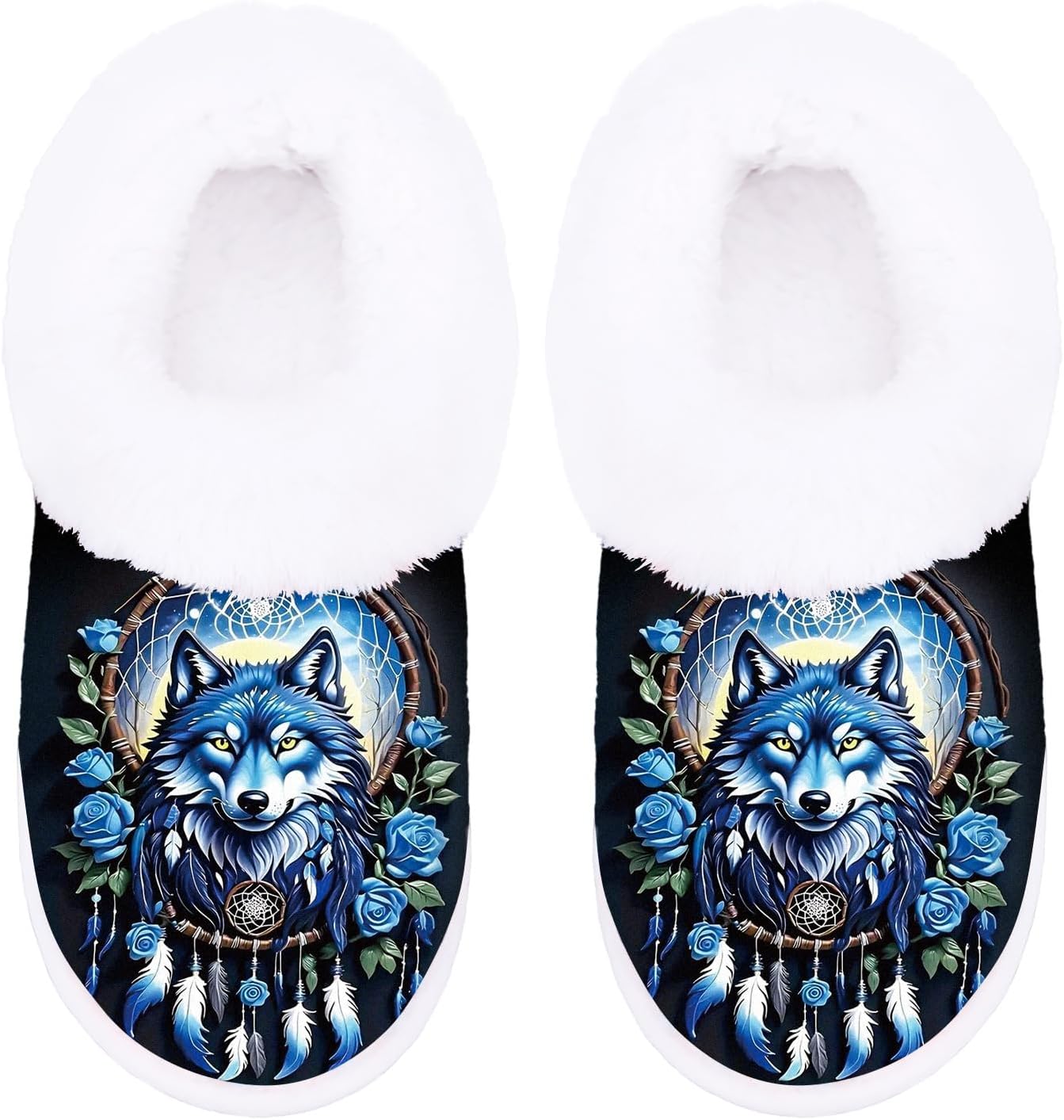 Wolf Slippers for Women, Fuzzy Animal Memory Foam Slip-On Slippers with Non-Slip Rubber Sole, All-Season Winter Warm Soft Fabric Indoor/Outdoor House Shoes, Machine Washable