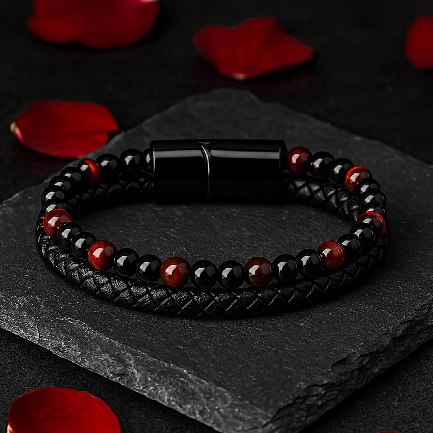 Men's Braided Leather Bracelet, 8.3inch Black Braided Leather Stainless Steel Bracelets, Tiger Eye Natural Stone Lava Rock Beads Bracelets Gift for Men - Image 2