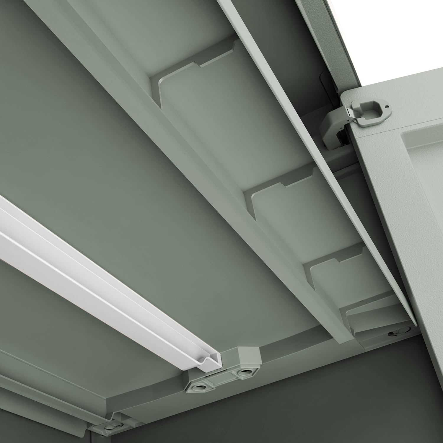 Close-up of Keter Planet Outdoor Cabinet interior top showing shelf support