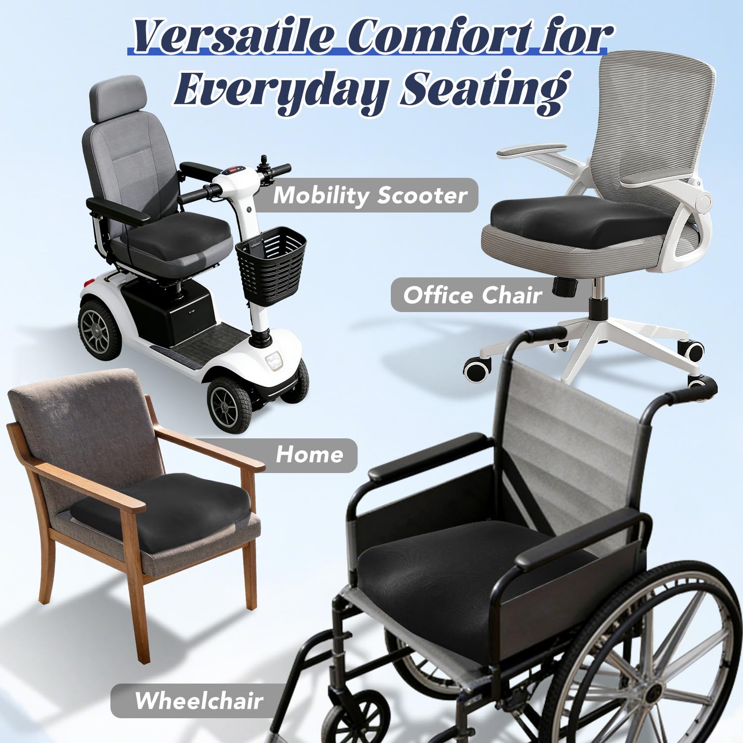 SKYNY Gel-Rollstuhl-Sitzkissen - Kühlendes Memory-Foam-Bürostuhlkissen mit rutschfester Unterseite & waschbarem Bezug, ergonomisches Autositzkissen für Ischias, Steißbein, Rückenkomfort (Schwarz)