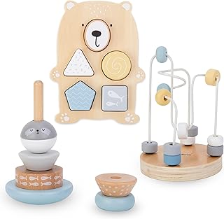 mamabrum Wooden Toy Set - Motor Skills Bow, Pyramid, Sorting Bear & Sorting Board for Baby & Toddler from 10 Months - Montessori Learning Toy for Promotion (6 Pieces)