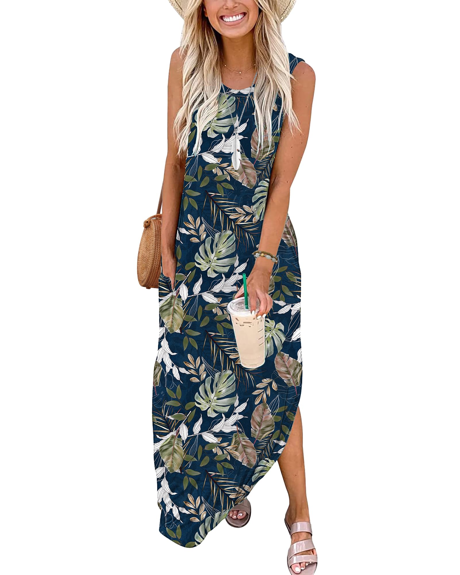 AUSELILY Vestito Lungo Donna Estivo Vestito da Spiaggia Mare Abito T-Shirt Donna Lungo Maxi con Spacco Laterale e Tasche