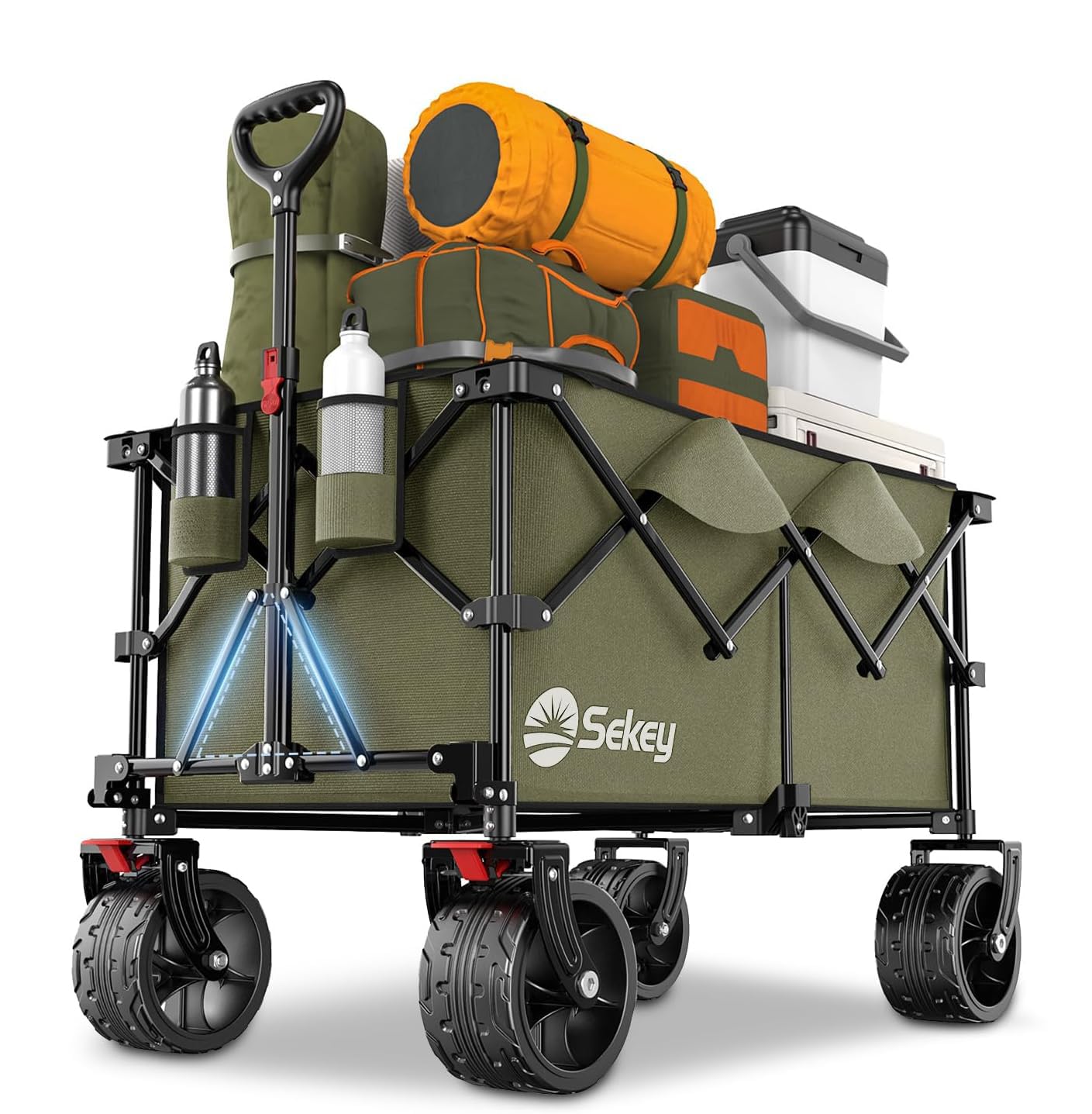 Sekey 200L Folding Festival Trolley with All-Terrain Extra Wide Wheels and Brake, Heavy-Duty Cart Loadable up to 150KG, Patented Four-Directional Foldable Design, Wagon for Beach Camping, Olive Green โ image 1