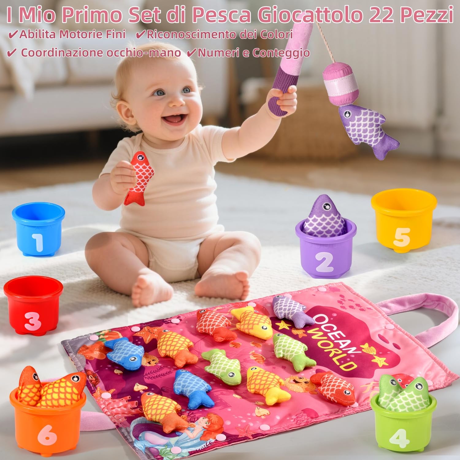 Tokiyis Giochi Montessori 1 Anno - Gioco Pesca Morbidi per Bimbo Bimba con 12 Pesci - Gioco Bambino Colorato Giocattolo Educativo per 6 9 12 18 Mesi - Rosa Regali per Bambini Bambina 1 2 3 Anni