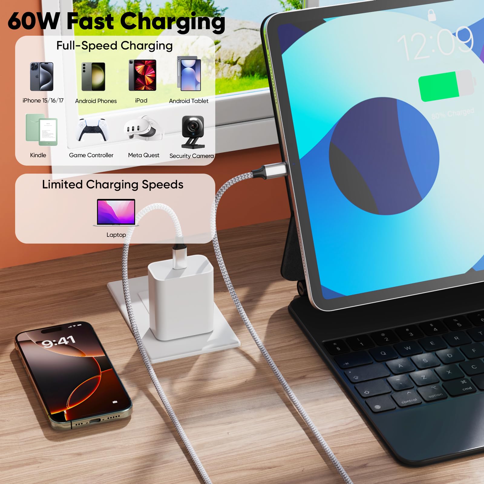 Cable USB C de 20 pies, largo de carga rápida de 2.4 A, cable USB C a USB-C, transferencia de datos USB 2.0 tipo C macho a macho para iPhone 16/15 Series, Galaxy S24/S23, Google Pixel 9/8/7