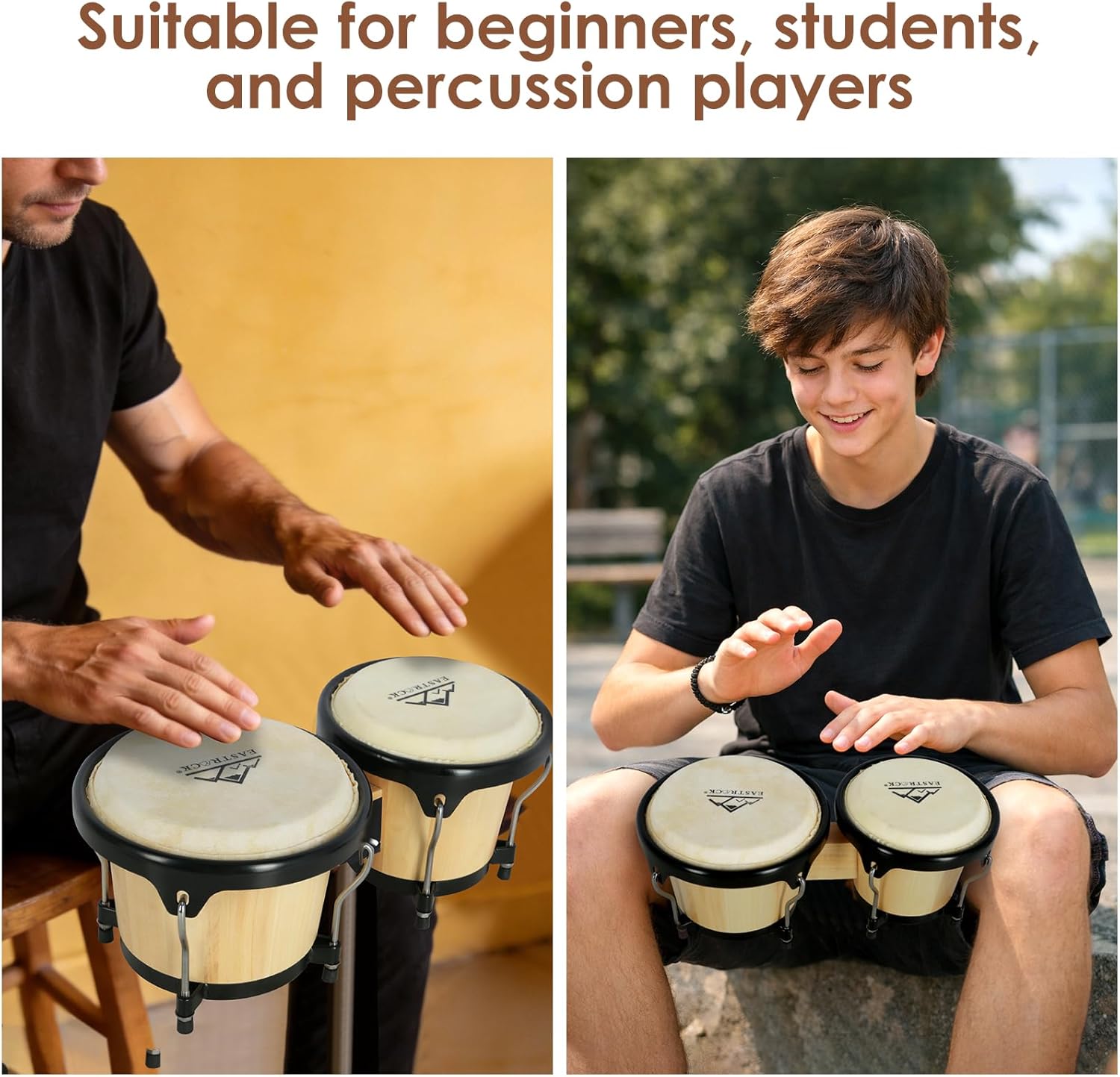 EASTROCK Bongo Drum 6″ and 7″ Set for Beginners Students Adults Professionals, Natural Animal Skin Heads, Solid Wood Shell, Tunable Drum Percussion Instruments Bongos with Bag and Tuning Wrench-Wood