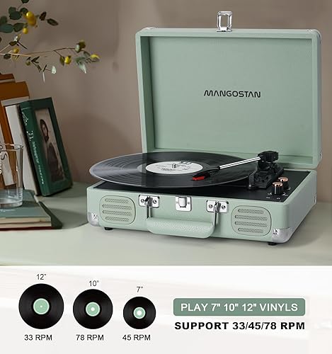 Miniatura 4 de Maleta portátil Bluetooth de 3 velocidades con tocadiscos, fonógrafo de vinilo con graves y altavoces integrados, reproductor LP impulsado por