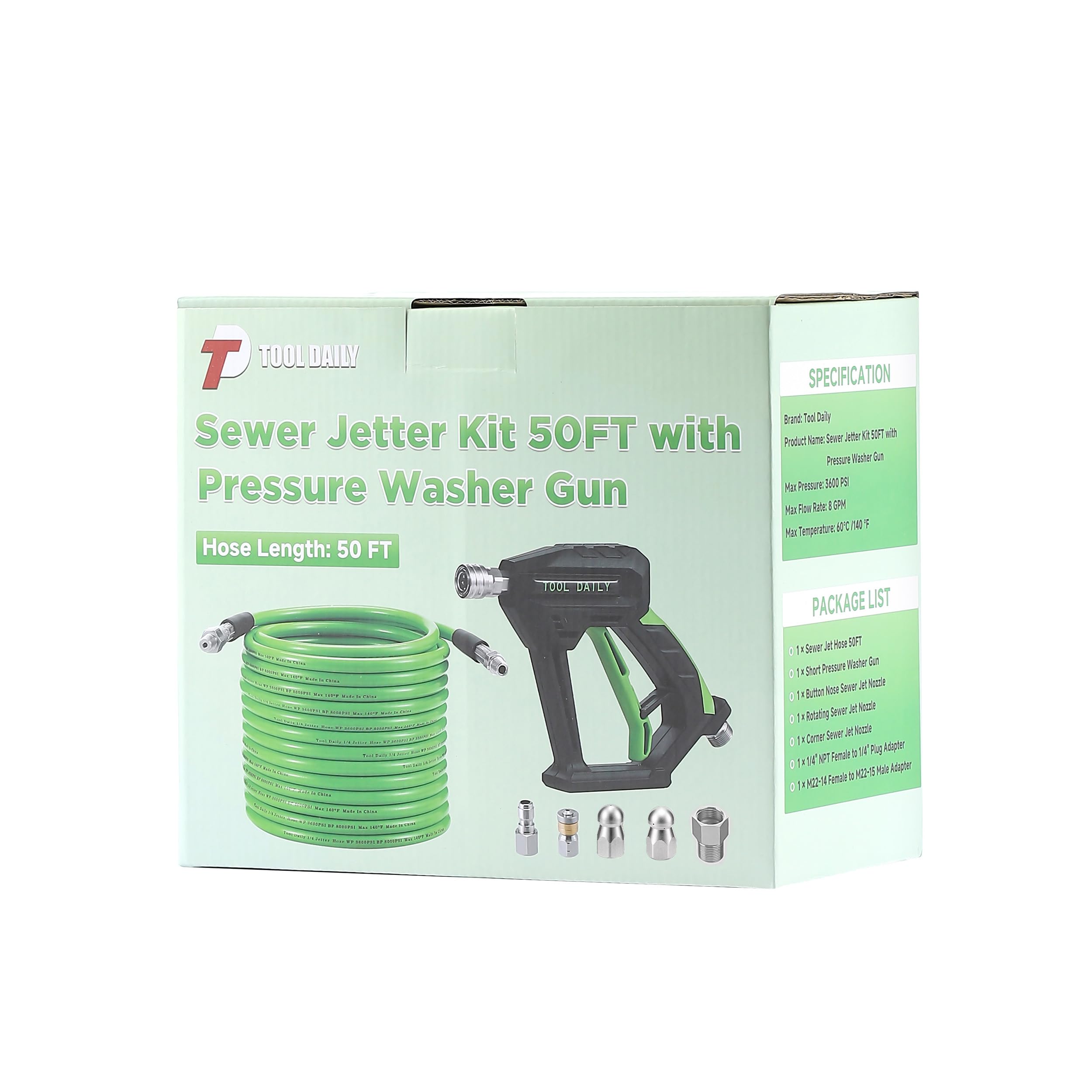 Tool Daily 15 m Tuyau Déboucheur Canalisation Haute Pression avec Pistolet | Furet Deboucheur Canalisation 1/4" NPT, Lance de Nettoyeur Haute Pression M22 14mm, 3 Buses de Jet d'Égout, 250 bar