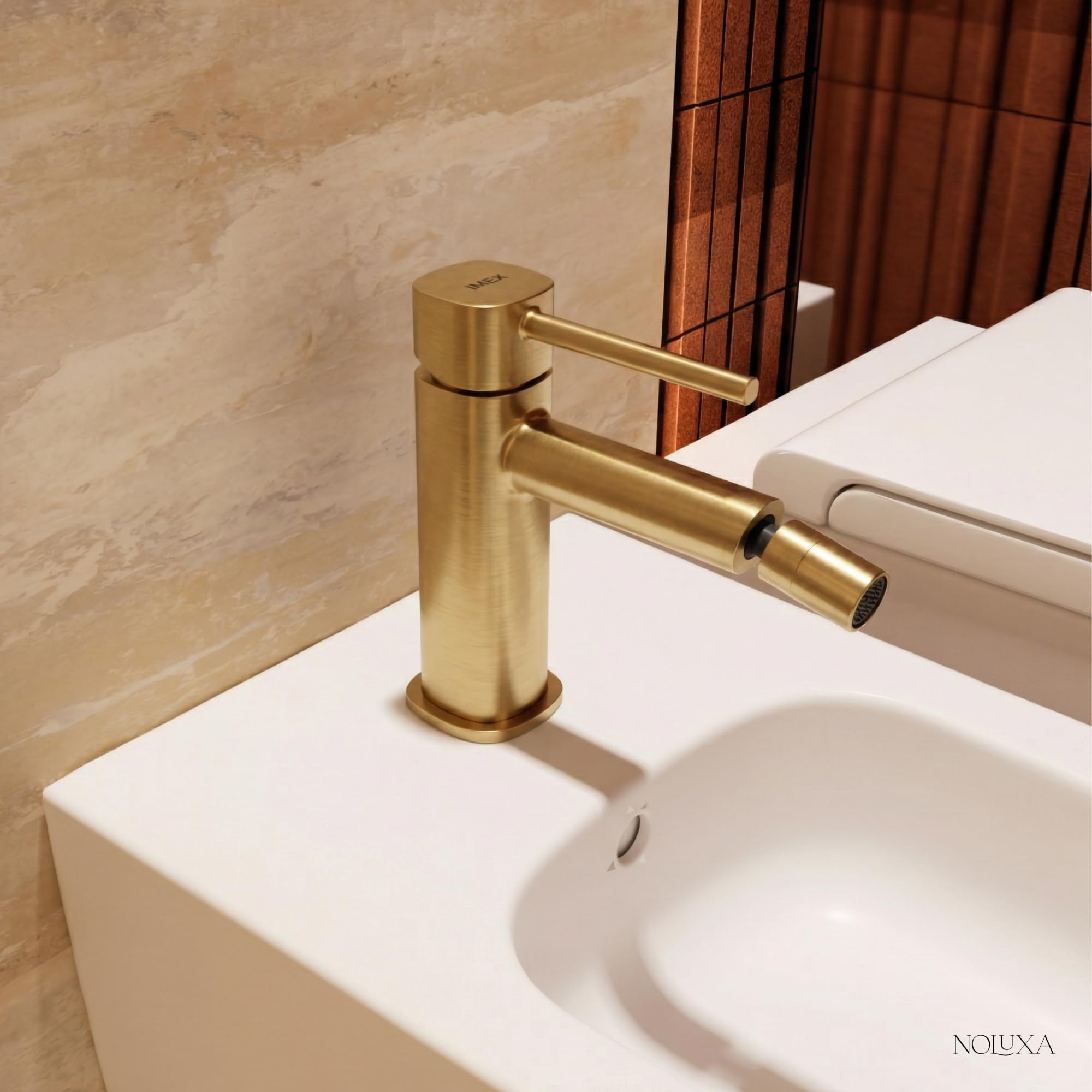 IMEX Bidet Złoty kran łazienkowy, jednouchwytowa bateria łazienkowa, szczotkowane złoto, bateria bidetowa z mieszaczem ciepłej i zimnej wody, bateria bidetowa, bateria Bidet, łatwa instalacja, seria